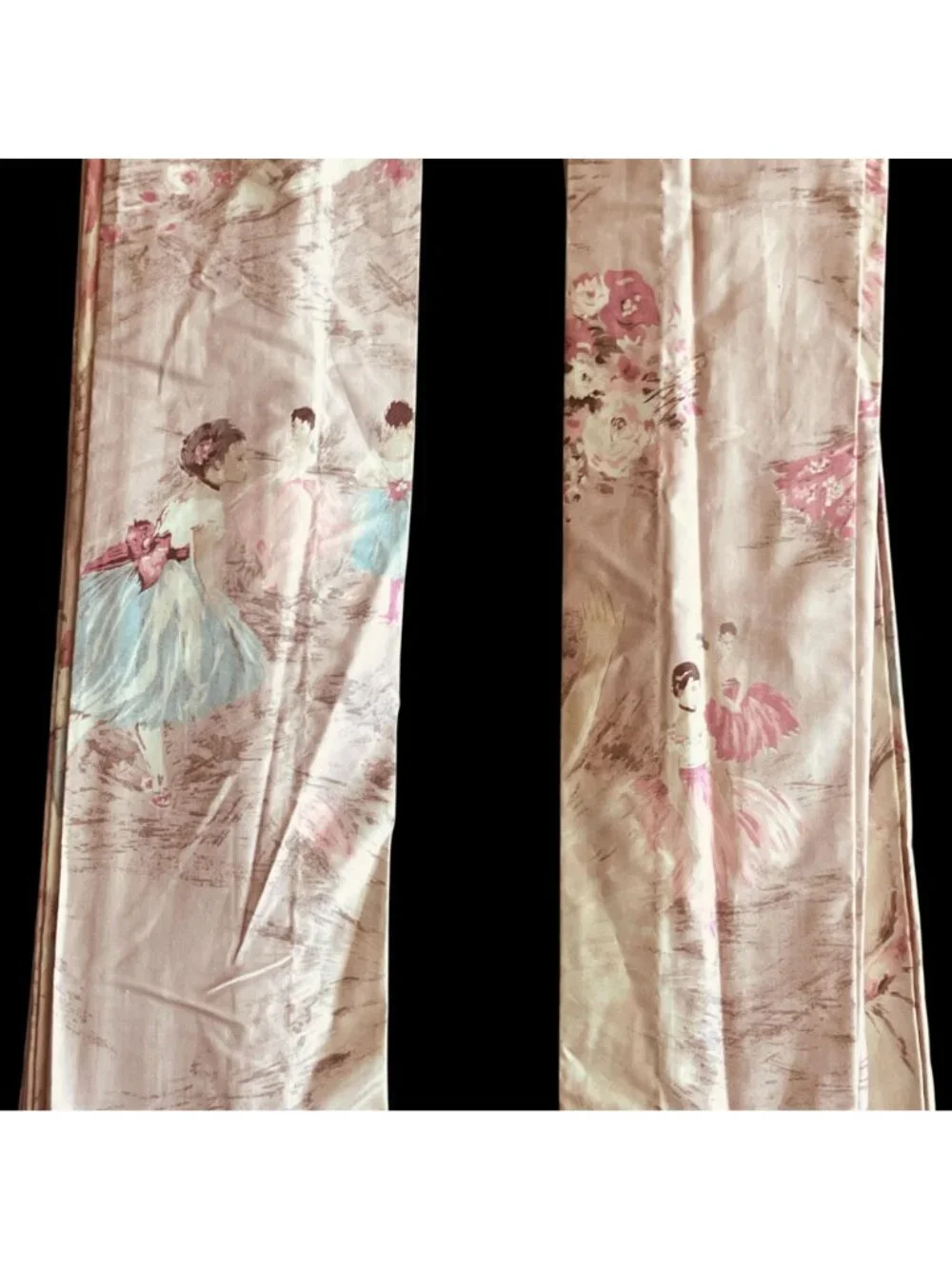 Pair Vintage Pink Ballerina Curtains Cotton Sateen With Pinch Pleats 40x40